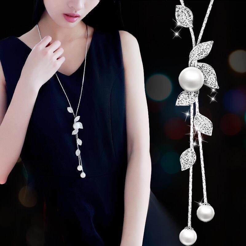 Pick Me Up Women Leaf Pearl Sweater Chain Female Wild Korean Personality Atmosphere Lady Necklace Long Necklace Pendant Clothes Accessory