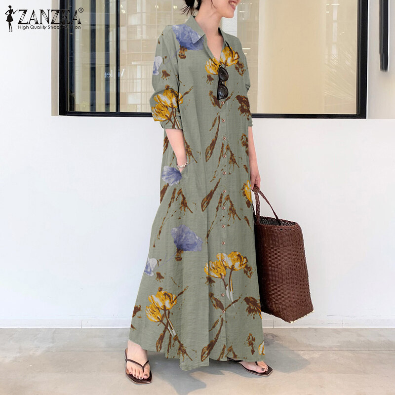 ZANZEA Womens Long Sleeve Button Down Split Hem Printed Floral Kaftan Shirt Maxi Dress