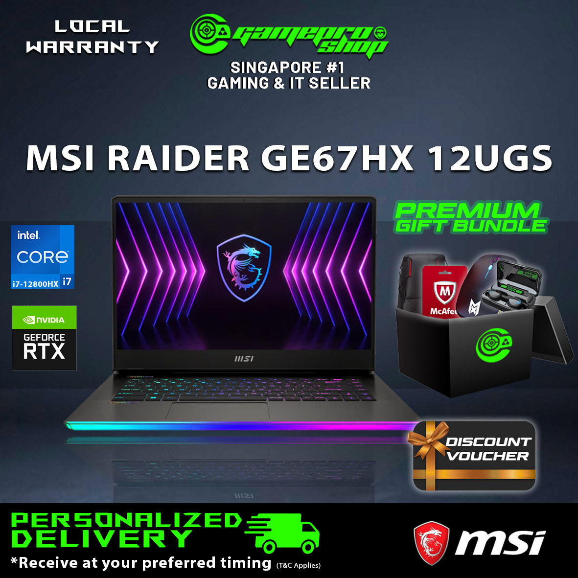 MSI RAIDER GE67HX 12UGS-014SG Gaming Laptop - i7-12800HX / RTX3070Ti / 15.6 OLED QHD 240hz / W11 / 2Y