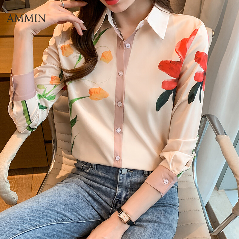 AMMIN Tops Korean retro floral print button cardigan elegant chiffon shirt women&#39;s new 2021 long-sleeved fashion lapel collar contrast stitching loose casual all-match blouse