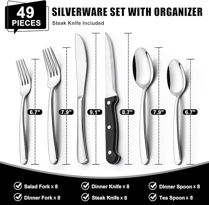 49-piece silverware set with storage box, heavy-duty stainless steel cutlery for 8, cutlery set with steak knife, rust-resistant, mirror-polished, dishwasher-safe