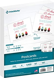 PrintWorks Heavyweight Printable Postcards for Mailings, Flashcards, and More, 67lb/147gsm, 4 Cards Per Sheet, 250 Sheets, 1000 Cards Total, White (04299) (4.25 x 5.5 Inches Postcard Size)