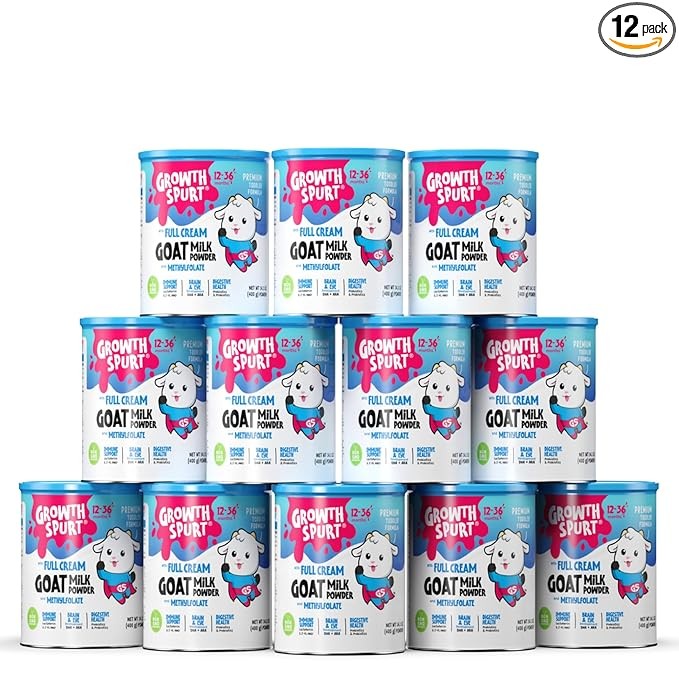 Growth Spurt Goat Milk Toddler Formula – Powdered Goat's Milk Toddler Formula – Lactoferrin, 2'-FL HMO, Prebiotics, Probiotics, Iron, DHA & ARA, Immune Support, Non GMO Infant Baby (12 Pack)
